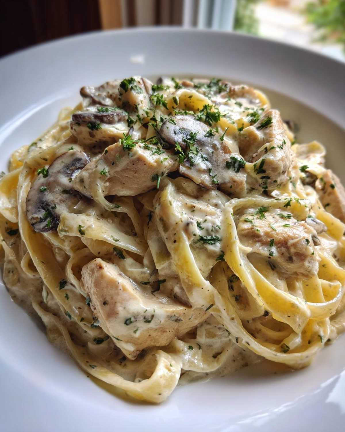 Close-up of rich Creamy Mushroom Garlic Pasta with Chicken tossed in a white sauce and garnished with parsley.