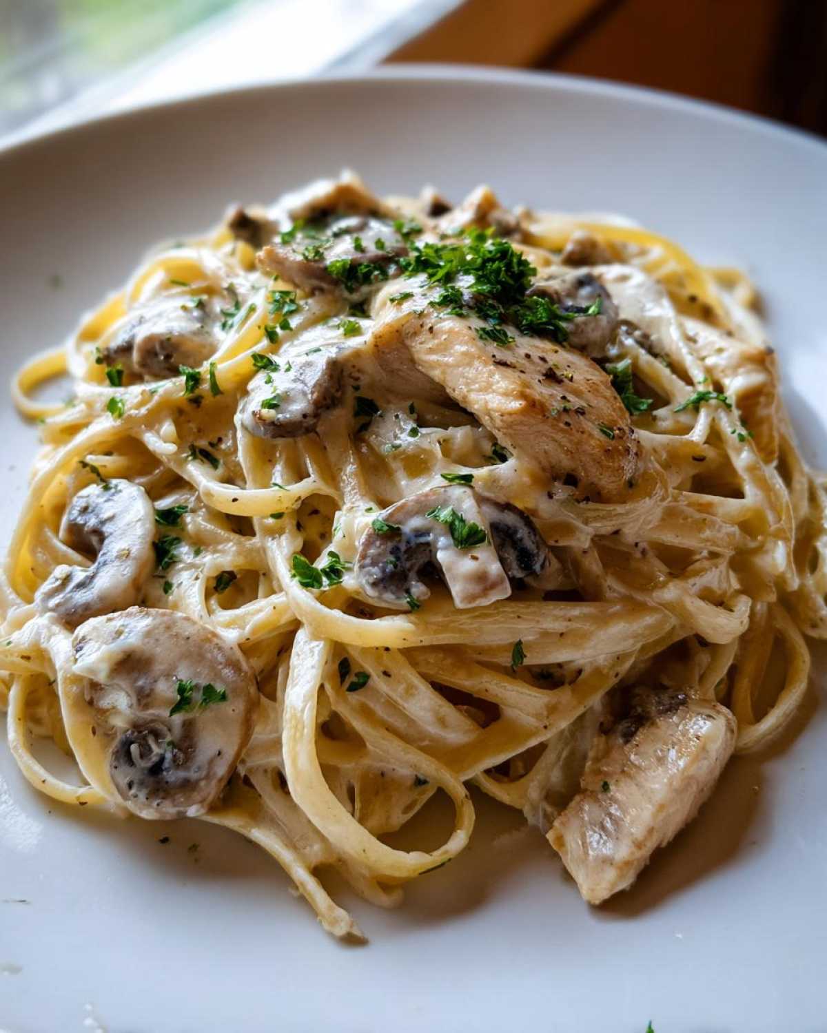 A close-up of a serving of Creamy Mushroom Garlic Pasta with Chicken, tossed in a rich white sauce and garnished with parsley.
