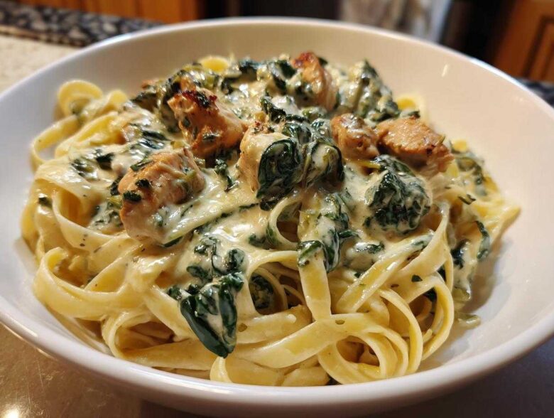 Close-up of a bowl filled with Creamy Spinach Alfredo Pasta with Chicken tossed in a rich white sauce.