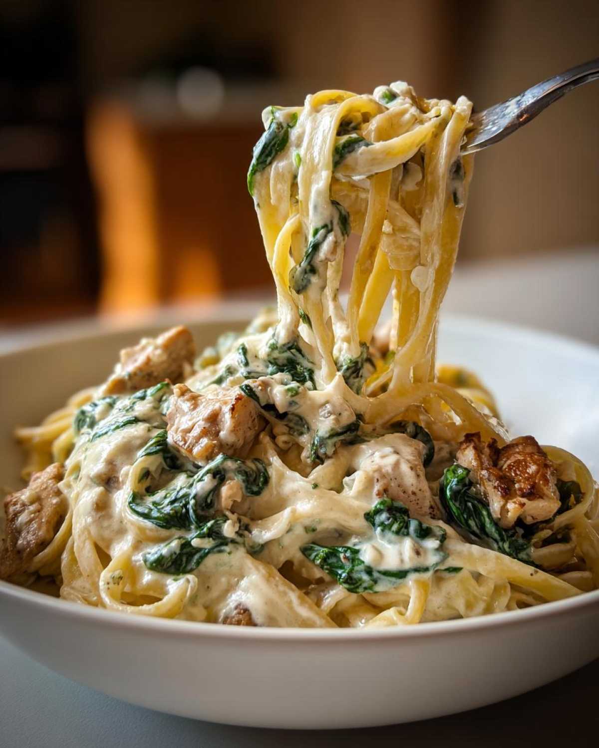 A fork lifts strands of fettuccine coated in rich sauce from a bowl of Creamy Spinach Alfredo Pasta with Chicken.