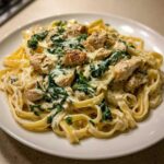 Close-up of a generous serving of Creamy Spinach Alfredo Pasta with Chicken tossed in a rich white sauce on a white plate.