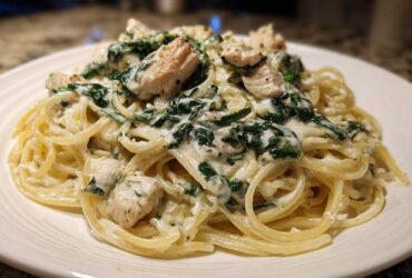 Close-up of a serving of Creamy Spinach Chicken Pasta with Alfredo Sauce, featuring spaghetti, chicken chunks, and wilted spinach.