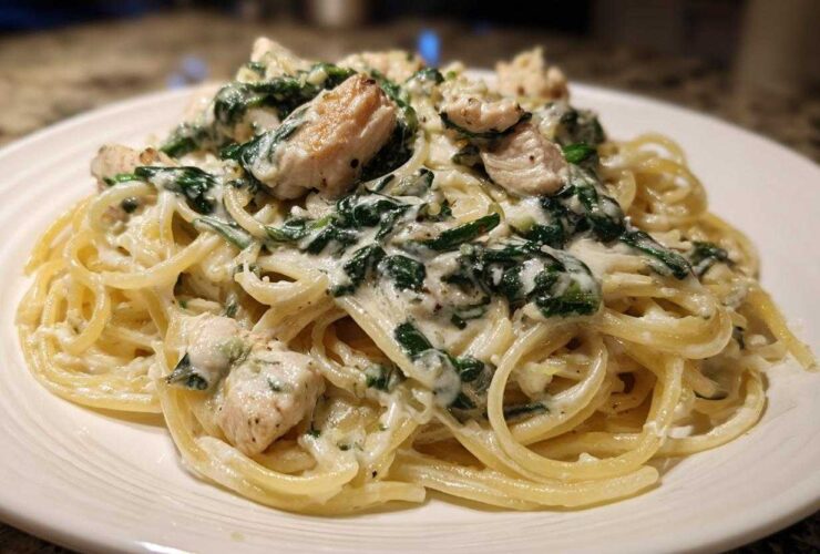 Close-up of a serving of Creamy Spinach Chicken Pasta with Alfredo Sauce, featuring spaghetti, chicken chunks, and wilted spinach.