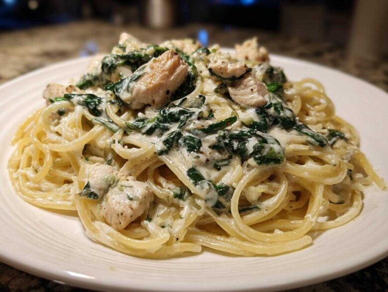 Close-up of a serving of Creamy Spinach Chicken Pasta with Alfredo Sauce, featuring spaghetti, chicken chunks, and wilted spinach.