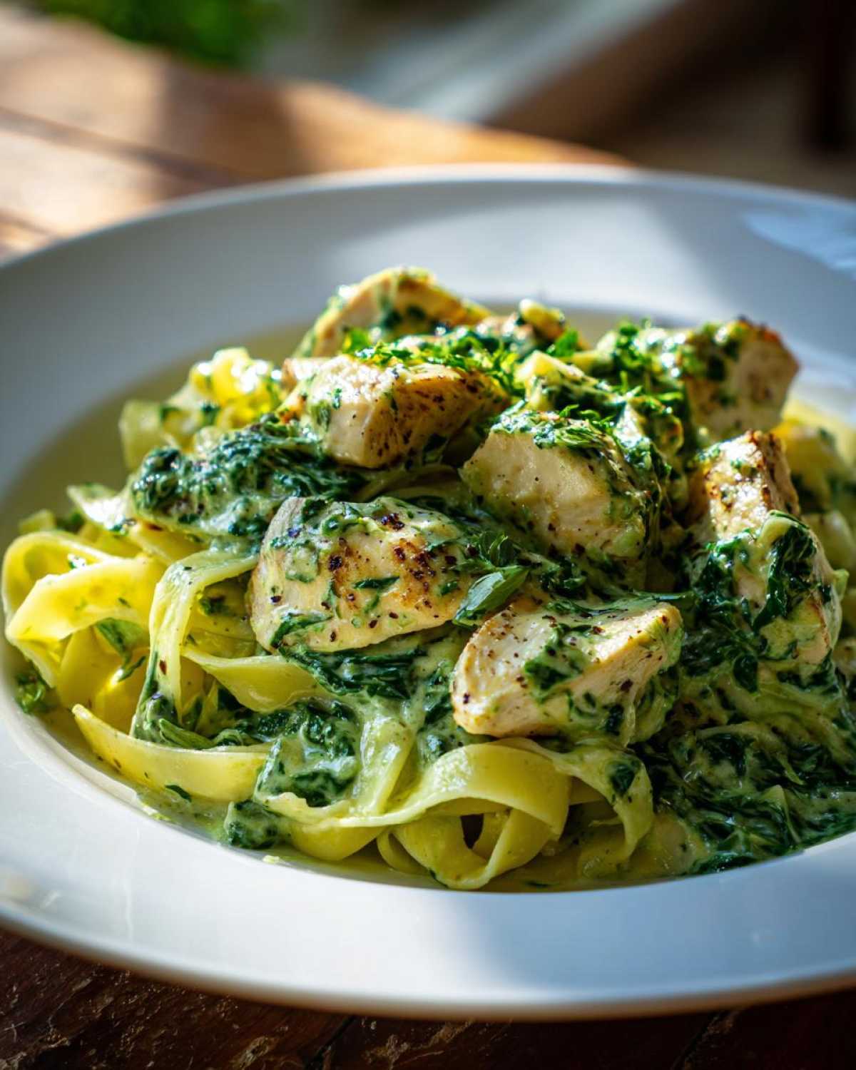 Close-up of fettuccine pasta topped with chunks of grilled chicken and a rich, creamy spinach sauce, perfect for Creamy Spinach Chicken Pasta with Garlic.