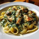 Close-up of Creamy Spinach Chicken Pasta with Garlic featuring fettuccine, seared chicken pieces, and rich green spinach sauce.