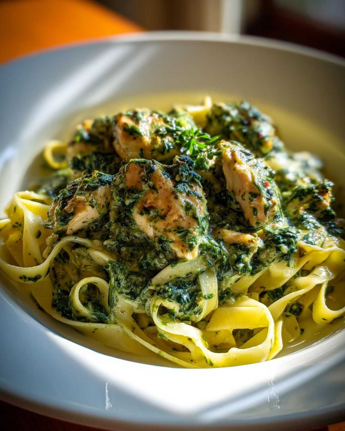 Close-up of Creamy Spinach Chicken Pasta with Garlic featuring fettuccine noodles and chunks of chicken coated in green sauce.