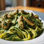 Close-up of fettuccine pasta coated in a rich, green creamy spinach sauce, topped with seared chicken pieces, in Creamy Spinach Chicken Pasta with Garlic.
