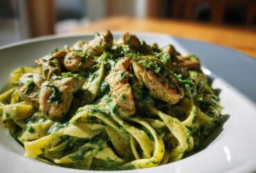 Close-up of fettuccine pasta coated in a rich, green creamy spinach sauce, topped with seared chicken pieces, in Creamy Spinach Chicken Pasta with Garlic.