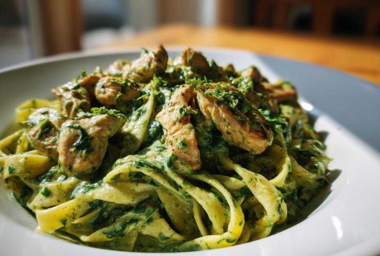 Close-up of fettuccine pasta coated in a rich, green creamy spinach sauce, topped with seared chicken pieces, in Creamy Spinach Chicken Pasta with Garlic.