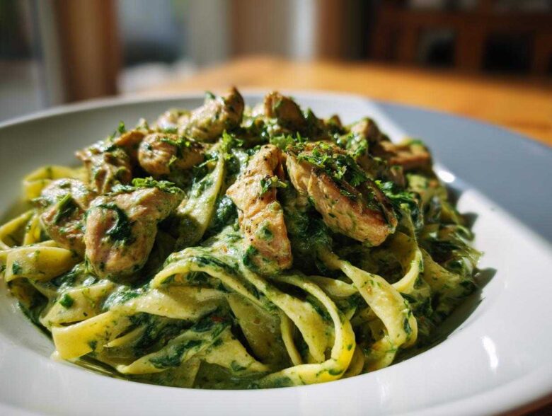 Close-up of fettuccine pasta coated in a rich, green creamy spinach sauce, topped with seared chicken pieces, in Creamy Spinach Chicken Pasta with Garlic.