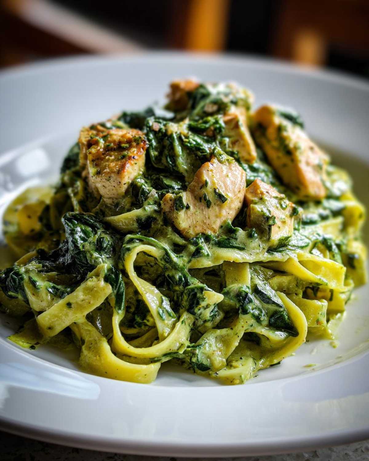 Close-up of Creamy Spinach Chicken Pasta with Garlic featuring fettuccine, spinach, and chunks of seasoned chicken.