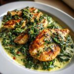 Seared chicken breasts served over a rich, creamy spinach and Parmesan sauce in a white skillet.