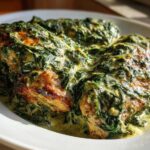 Three golden-brown chicken breasts smothered in a rich, creamy spinach and parmesan sauce.