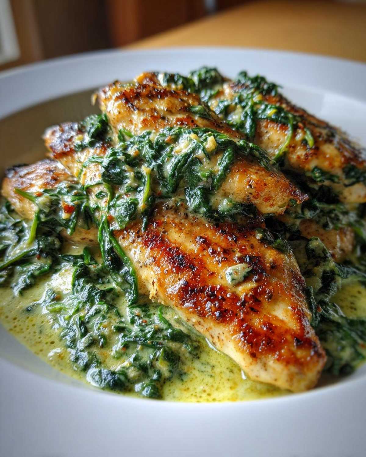 Three seared chicken breasts covered in a rich, creamy spinach and Parmesan sauce.