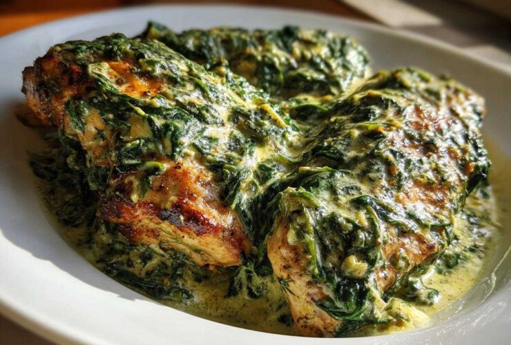 Three golden-brown chicken breasts smothered in a rich, creamy spinach and parmesan sauce.