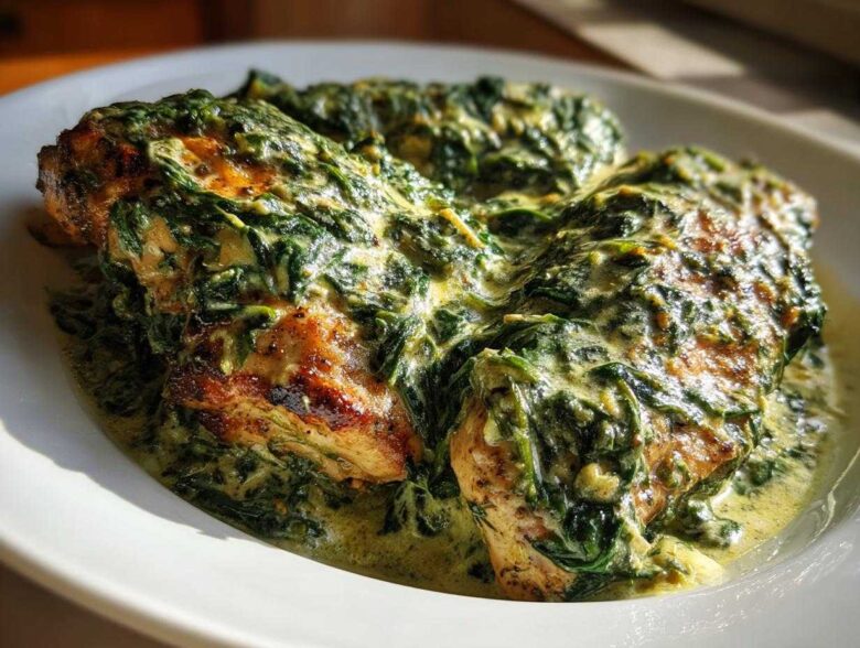 Three golden-brown chicken breasts smothered in a rich, creamy spinach and parmesan sauce.