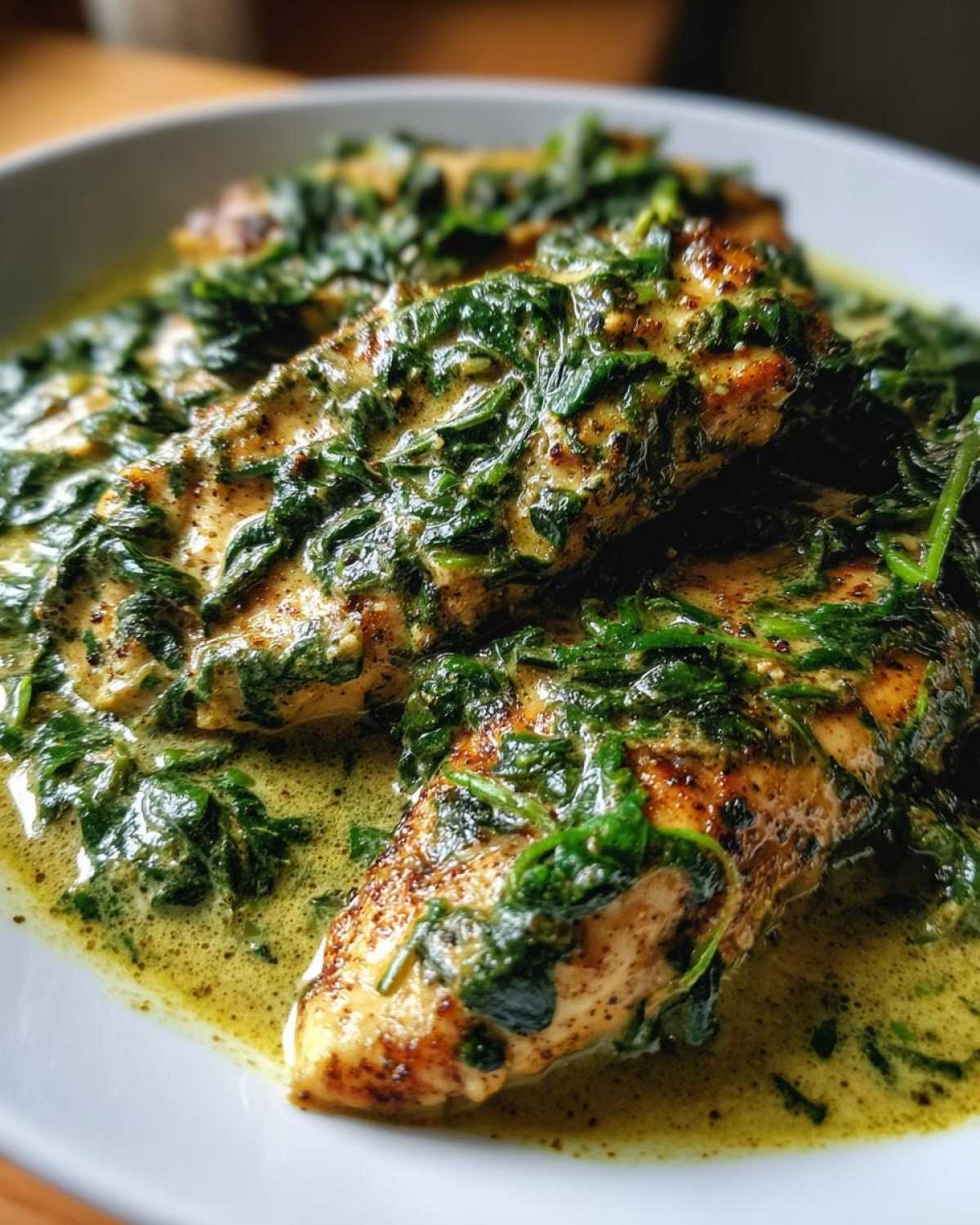 Close-up of seared chicken breasts smothered in a rich, creamy spinach and Parmesan sauce.