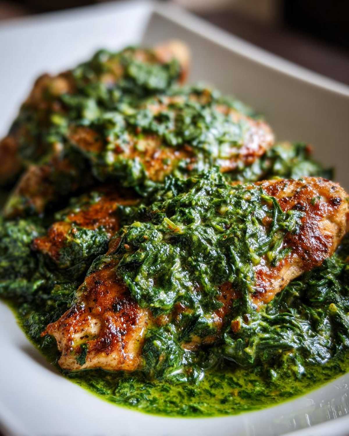 Close-up of seared chicken breasts smothered in vibrant green, creamy spinach sauce, part of the Creamy Spinach Chicken Skillet with Parmesan.
