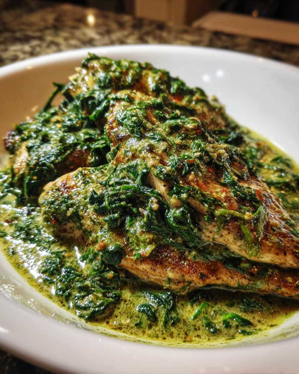 Close-up of seared chicken breasts smothered in a rich, green, creamy spinach and parmesan sauce.