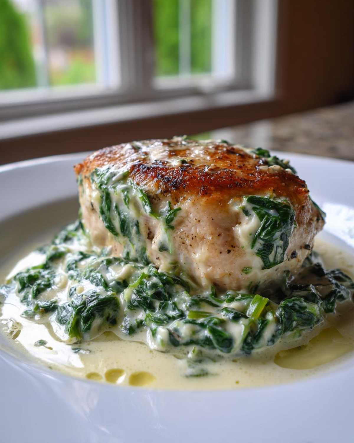 A perfectly seared chicken breast served atop a bed of creamy spinach ricotta sauce in a white bowl.