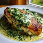 Close-up of a perfectly seared chicken breast smothered in creamy spinach ricotta chicken skillet sauce.