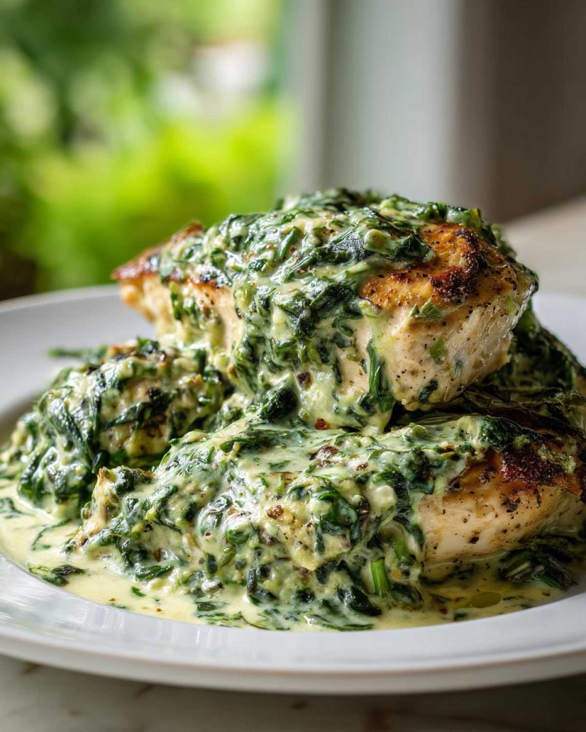 Two seared chicken breasts smothered in a rich, creamy spinach ricotta sauce from the Creamy Spinach Ricotta Chicken Skillet.
