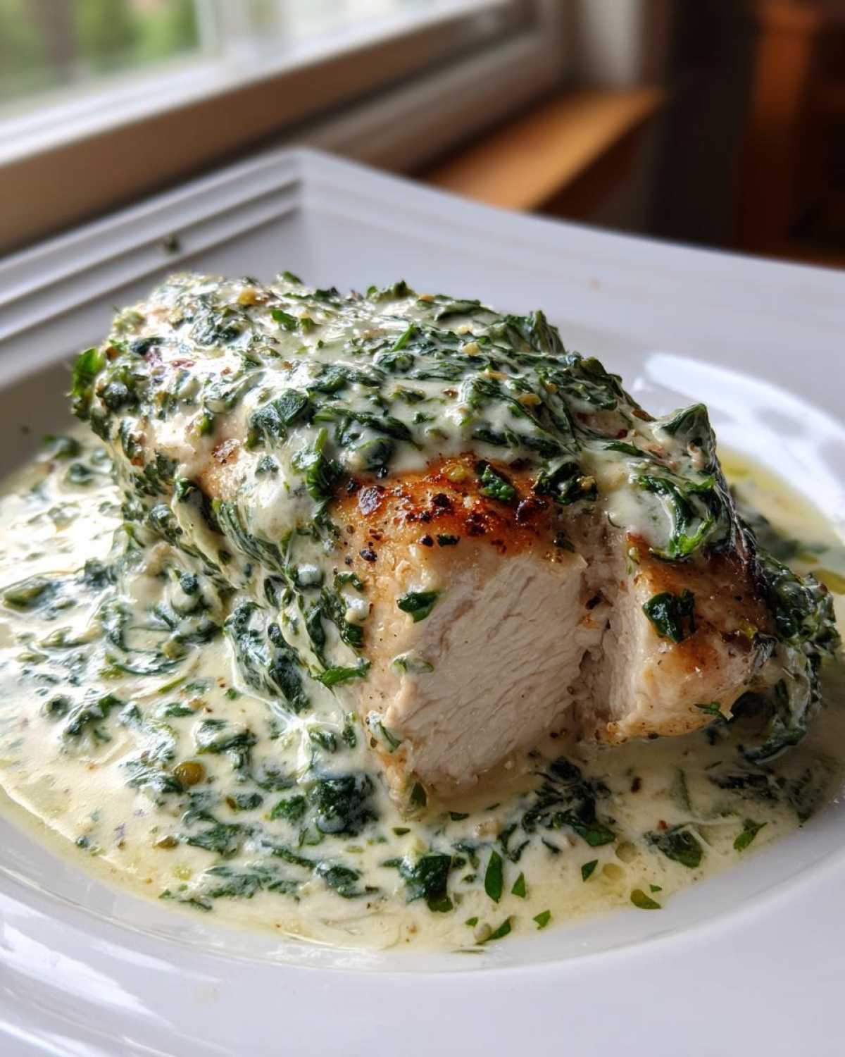 A perfectly cooked chicken breast sliced open, smothered in a rich, creamy spinach ricotta sauce from the Creamy Spinach Ricotta Chicken Skillet.