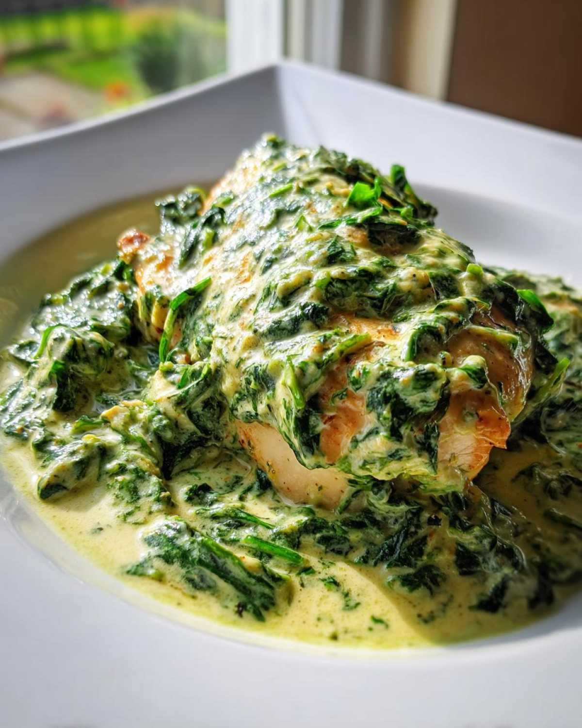 A close-up of a chicken breast smothered in creamy spinach ricotta sauce from the Creamy Spinach Ricotta Chicken Skillet.