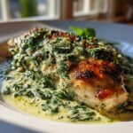 Close-up of a perfectly seared chicken breast covered in creamy spinach ricotta sauce from the Creamy Spinach Ricotta Chicken Skillet.