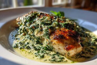 Close-up of a perfectly seared chicken breast covered in creamy spinach ricotta sauce from the Creamy Spinach Ricotta Chicken Skillet.