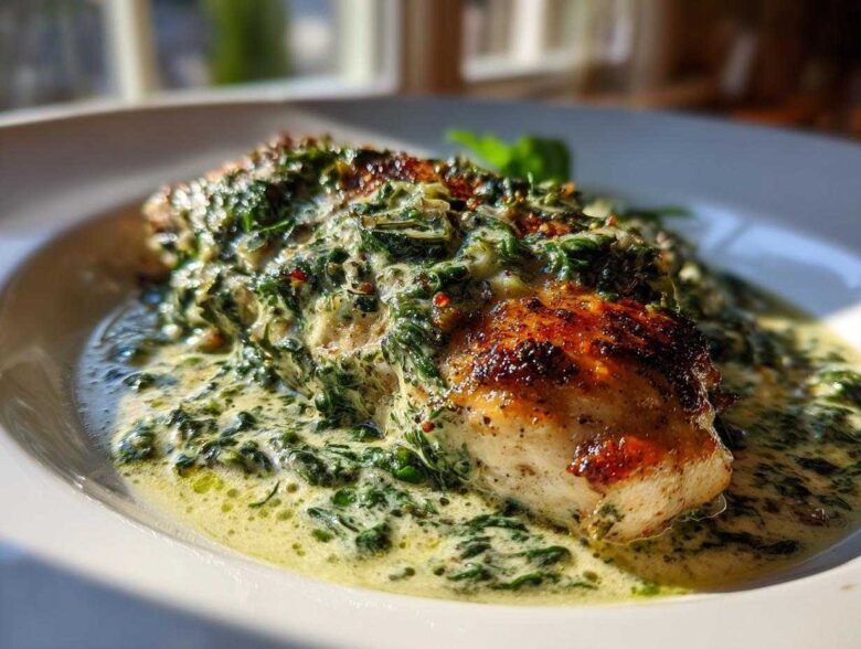 Close-up of a perfectly seared chicken breast covered in creamy spinach ricotta sauce from the Creamy Spinach Ricotta Chicken Skillet.