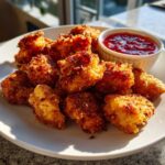 A plate of golden brown Crispy Chicken Bites served with a small ramekin of bright red sweet chili sauce.