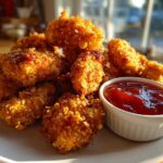 A pile of golden, crispy chicken bites served with a small white ramekin of sweet chili sauce.