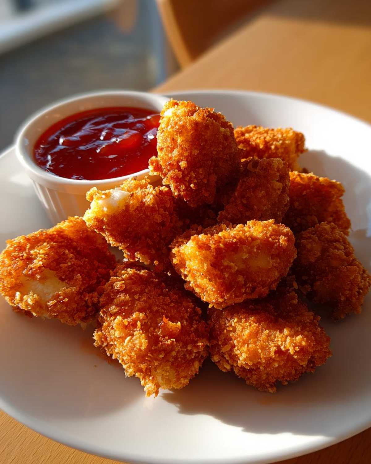 A pile of golden brown Crispy Chicken Bites served on a white plate next to a small bowl of bright red sweet chili sauce.