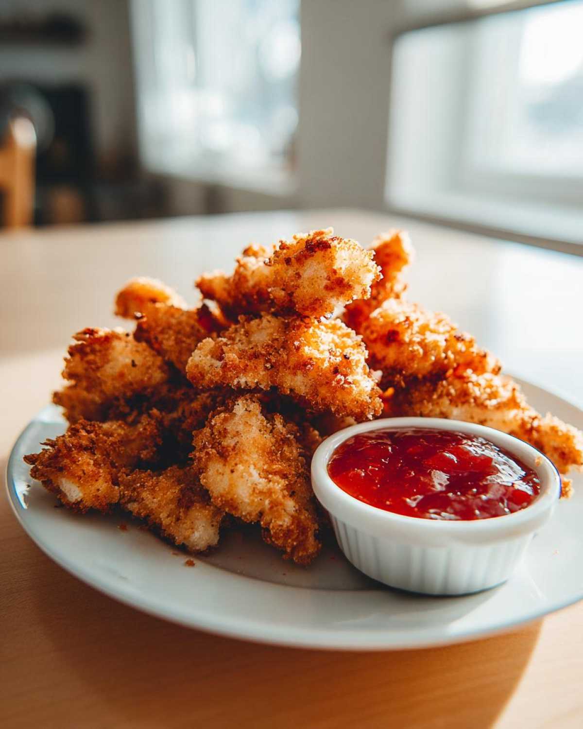 A pile of golden, breaded Crispy Chicken Bites served with a side of bright red sweet chili sauce.