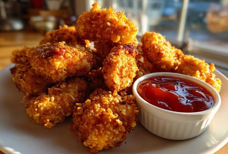 A pile of golden, crispy chicken bites served with a small white ramekin of sweet chili sauce.