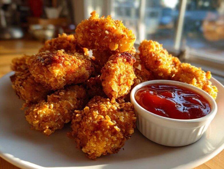 A pile of golden, crispy chicken bites served with a small white ramekin of sweet chili sauce.