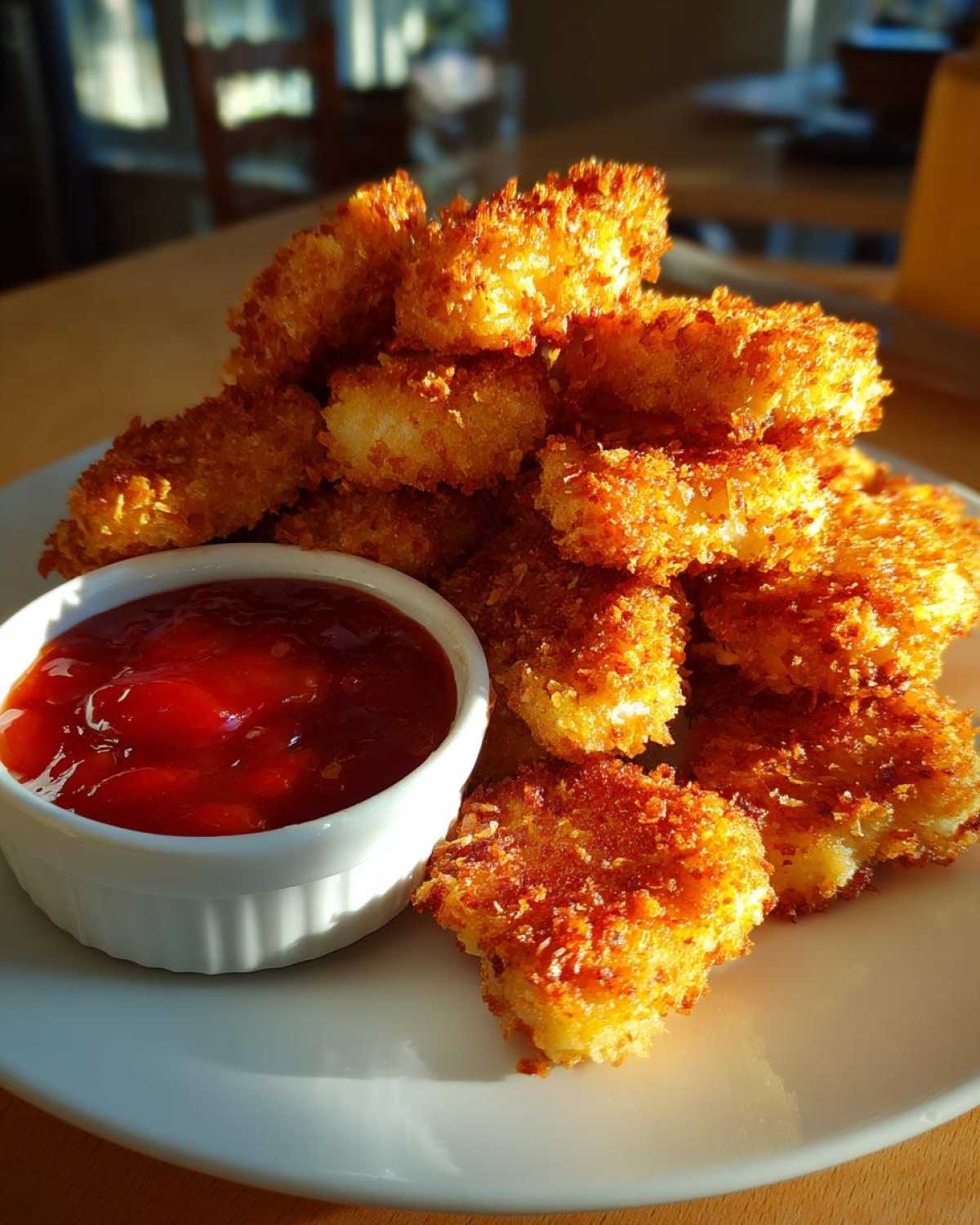 A pile of golden brown Crispy Chicken Bites served next to a small white ramekin of bright red sweet chili sauce.