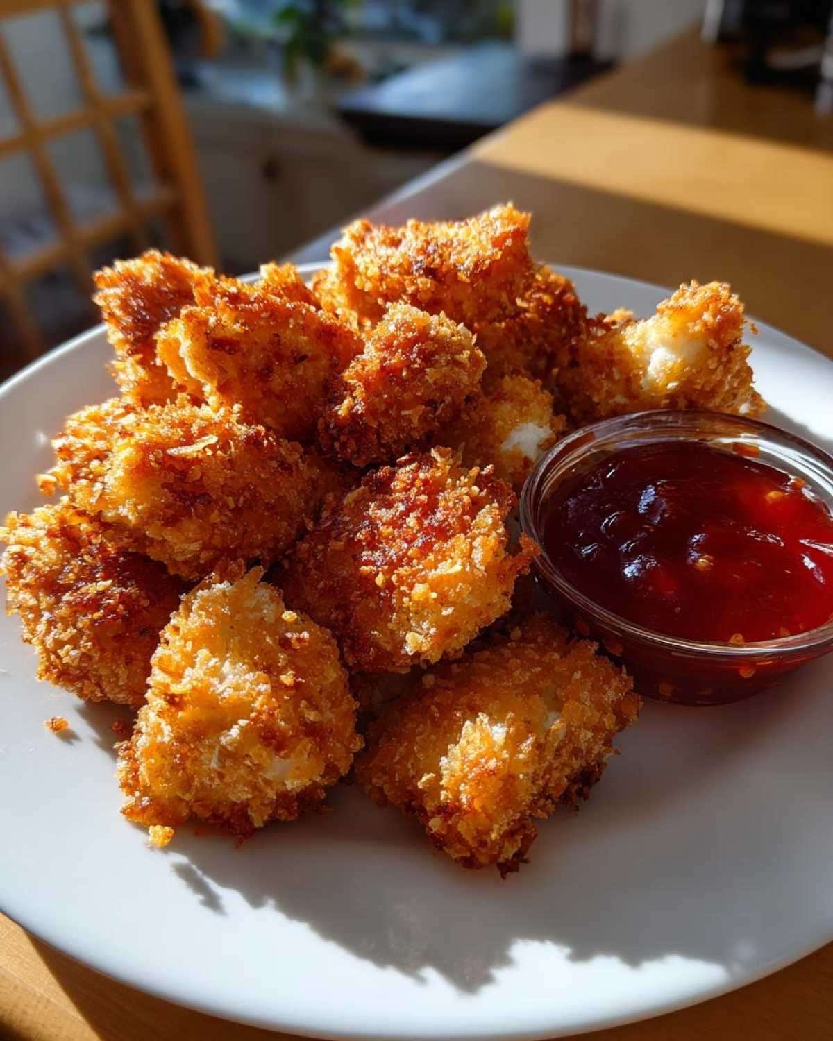 A plate piled high with golden brown Crispy Chicken Bites served next to a small bowl of bright red sweet chili sauce.