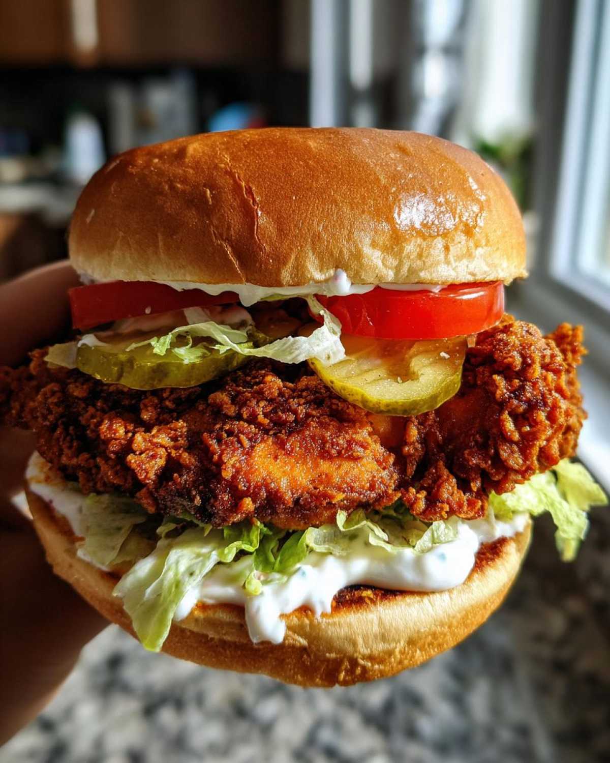 A close-up shot of a tall, fully assembled Crispy Chicken Burger with Garlic Mayo, featuring a thick fried patty, pickles, lettuce, and tomato.