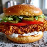 A tall, fully assembled Crispy Chicken Burger with Garlic Mayo featuring a thick fried patty, tomato, pickles, lettuce, and a sesame seed bun.