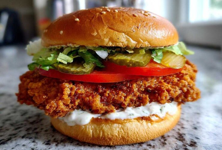 A tall, fully assembled Crispy Chicken Burger with Garlic Mayo featuring a thick fried patty, tomato, pickles, lettuce, and a sesame seed bun.