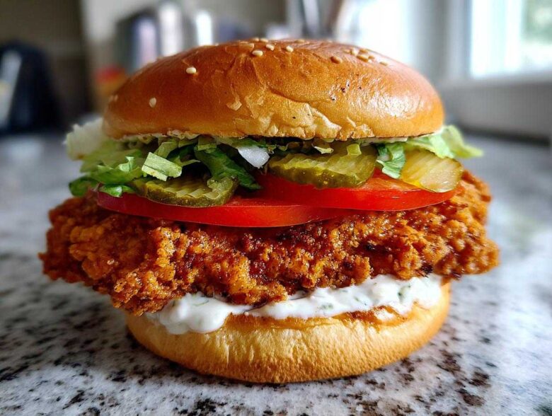 A tall, fully assembled Crispy Chicken Burger with Garlic Mayo featuring a thick fried patty, tomato, pickles, lettuce, and a sesame seed bun.