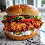 A tall, fully assembled Crispy Chicken Burger with Garlic Mayo featuring a thick fried fillet, lettuce, tomato, and pickles on a brioche bun.