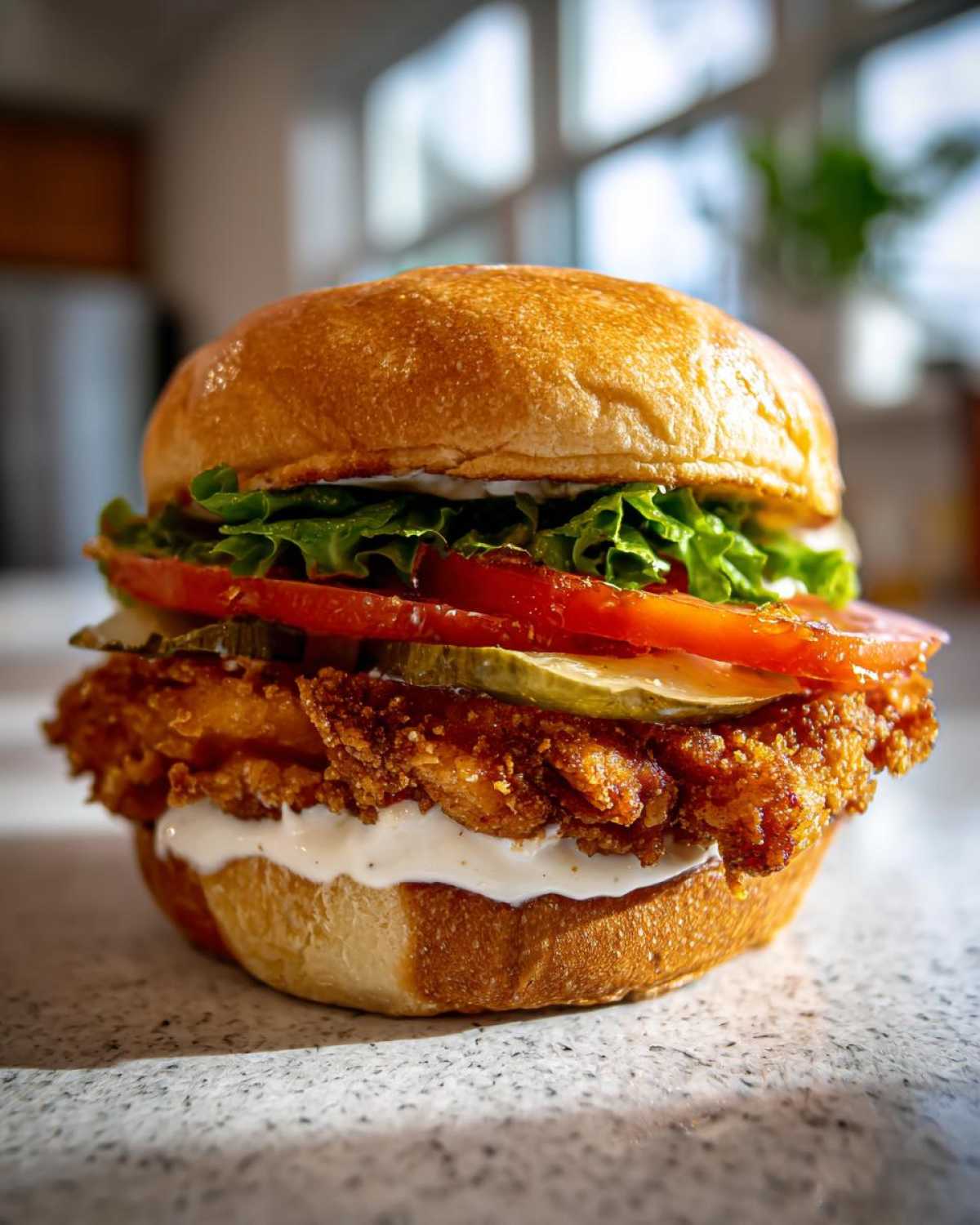 A tall, perfectly assembled Crispy Chicken Burger with Garlic Mayo, featuring a thick fried patty, pickles, tomato, and lettuce on a brioche bun.