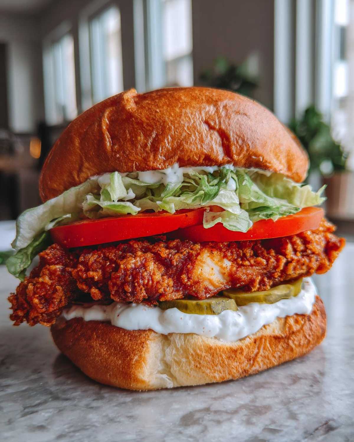 A tall, perfectly assembled Crispy Chicken Burger with Garlic Mayo, featuring a thick fried patty, pickles, tomato, and lettuce on a brioche bun.
