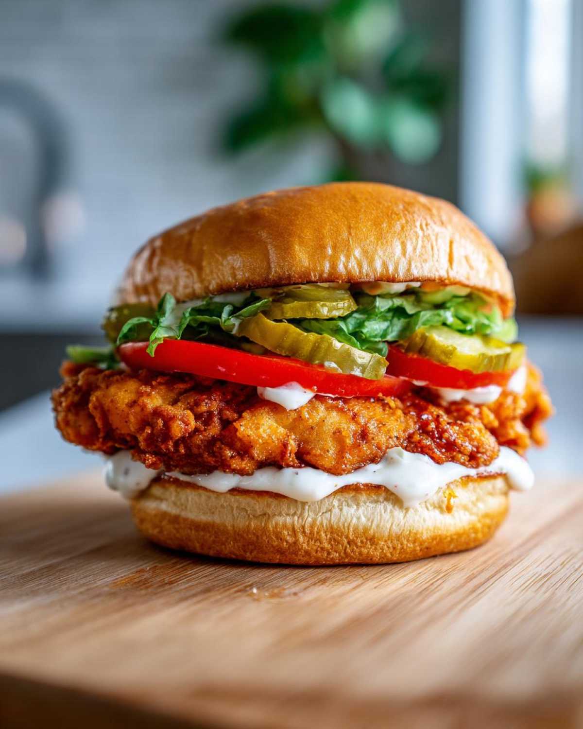 A tall, fully assembled Crispy Chicken Burger with Garlic Mayo, featuring a thick fried patty, pickles, tomato, and lettuce on a brioche bun.