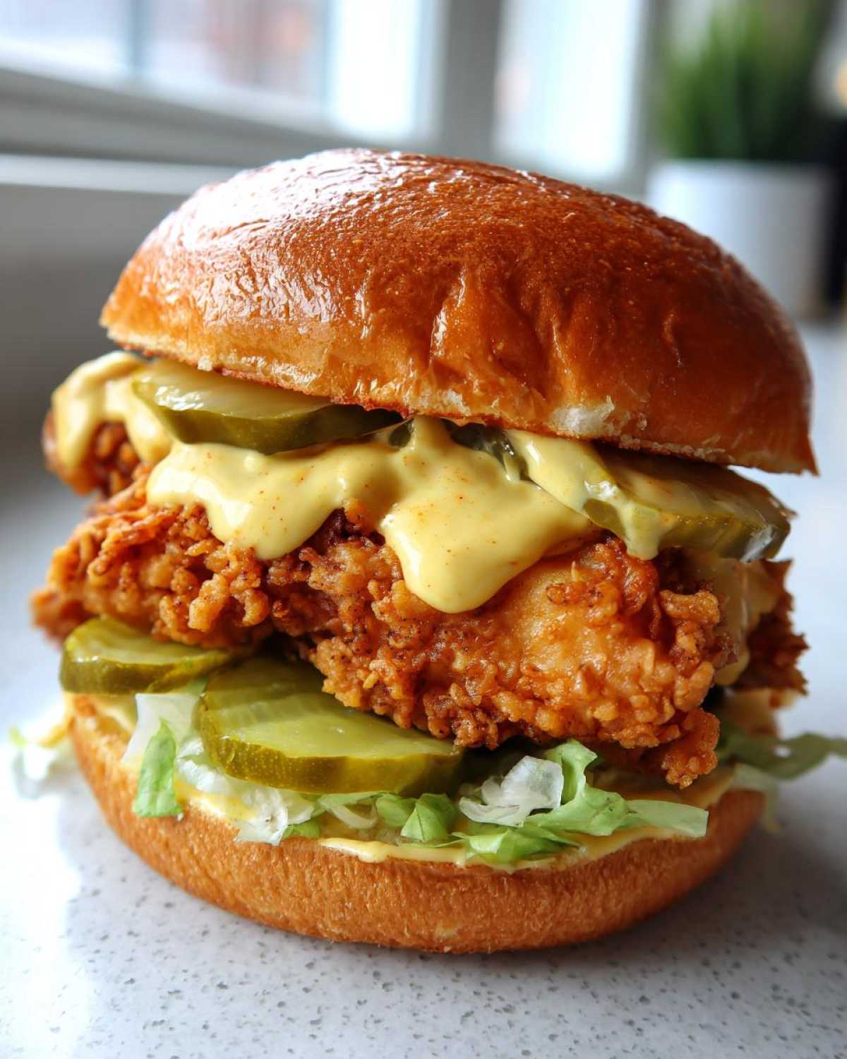 A close-up of a Crispy Chicken Burger with Honey Mustard Sauce dripping over the fried chicken and pickles.