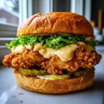 A close-up of a Crispy Chicken Burger featuring a thick, golden fried patty covered in honey mustard sauce, lettuce, and pickles.